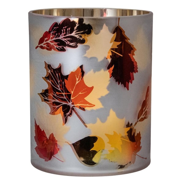 Northlight 6 in. Matte White and Gold Autumn Leaves Flameless Glass Candle Holder