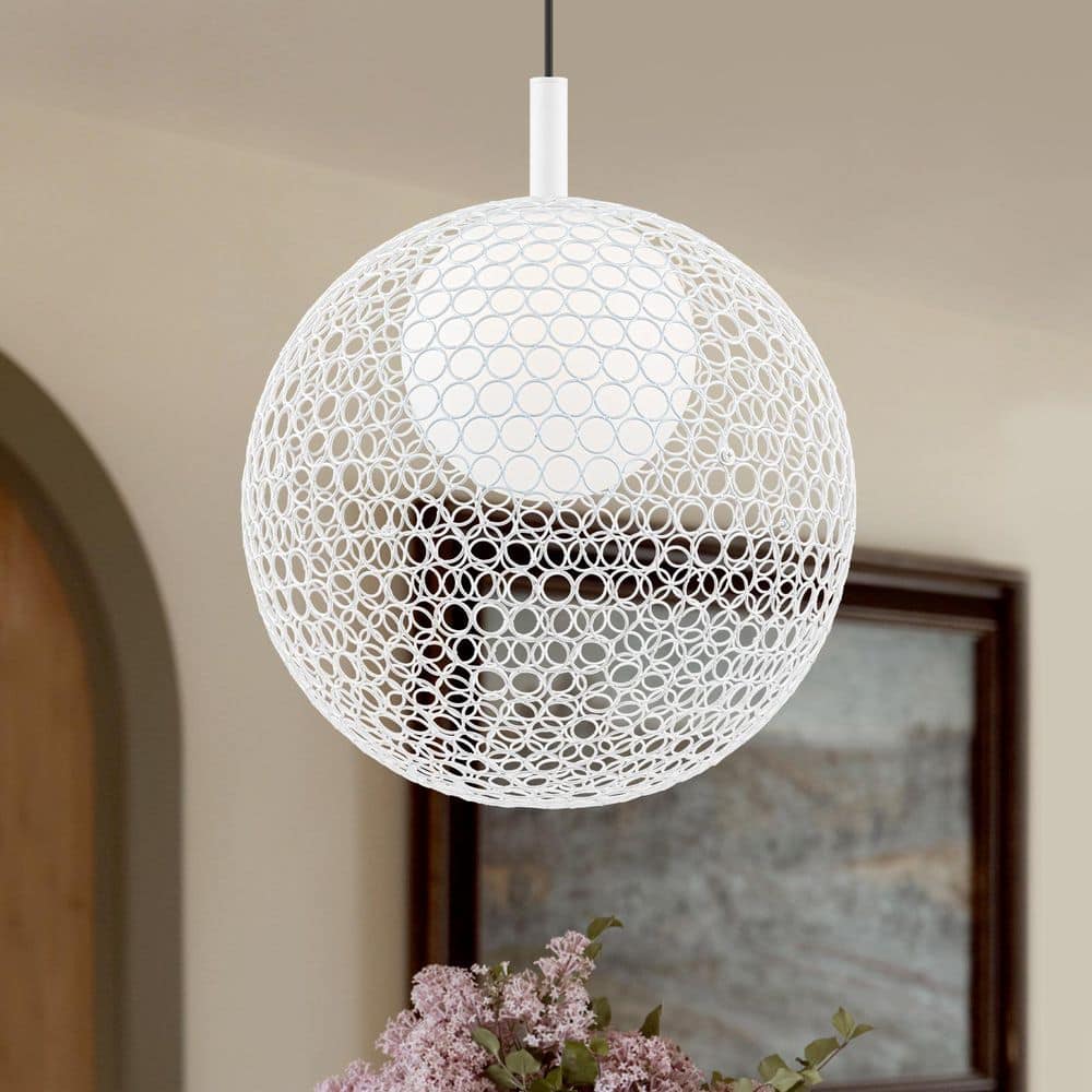 15.7 in. 1-Light Matte White Globe Cage Pendant Light with Opal Glass Shade Modern Hanging Light Fixture price history on PriceWatchPro