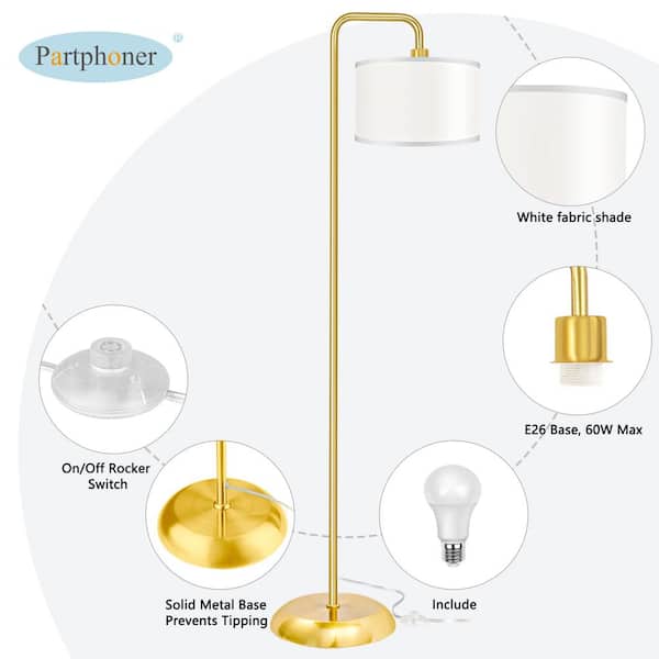64.1 in. Gold Paint Modern Standing Lamp 1 Bulb 3 Color Temp Arc Floor Lamp for Living Room with Fabric Shade Footswitch