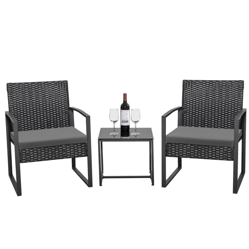 Tozey Black 3-Piece Patio Sets Steel Outdoor Wicker Patio Furniture Sets Outdoor Bistro Set with Gray Cushion T-LCRC813S40