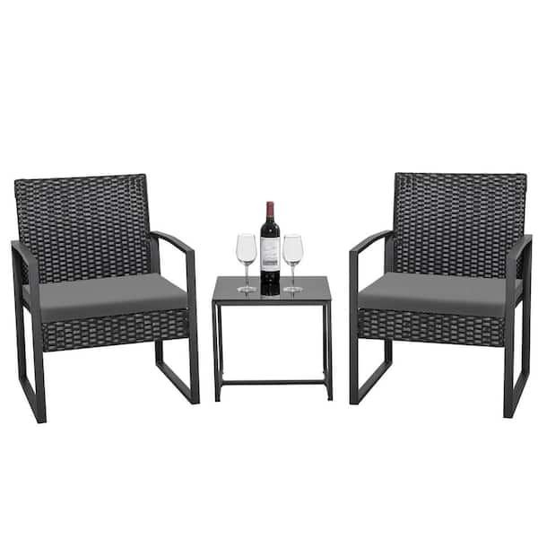 Tozey Black 3-Piece Patio Sets Steel Outdoor Wicker Patio Furniture Sets Outdoor Bistro Set with Gray Cushion