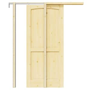 36 in. x 80 in. Arch 2-Panel Unfinished Pine Wood Pocket Sliding Door with Pocket Door Hardware Kit (Soft Close Include)