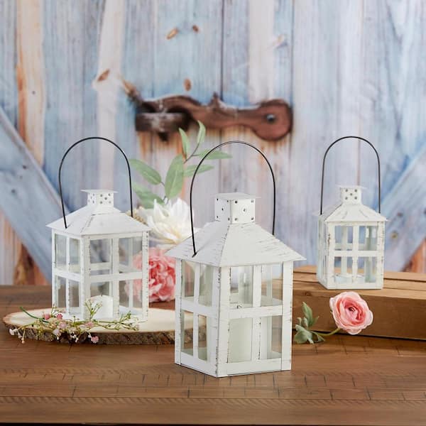 Unbranded 8 in. x 3.2 in. White Metal Farmhouse Lantern without Candle, (Set of 2)