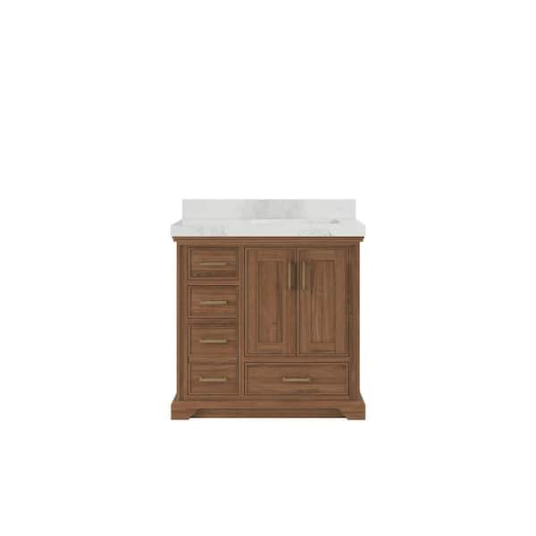 Willow Collections Charlotte 36 in. W x 22 in. D x 36 in. H Right Offset Sink Bath Vanity in Dark Natural with 2" Calacatta Nuvo Qt. Top