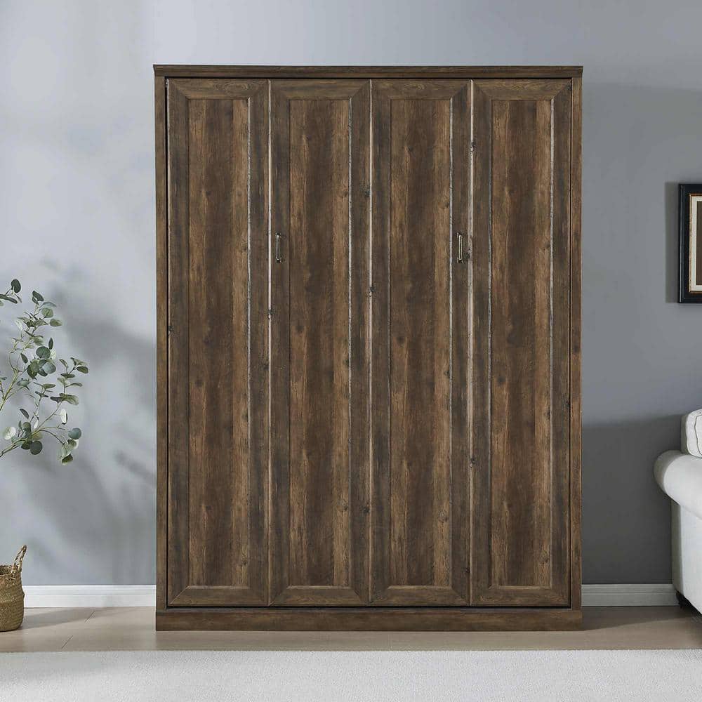 Brown Pine Wood Frame Queen Murphy Bed with Storage