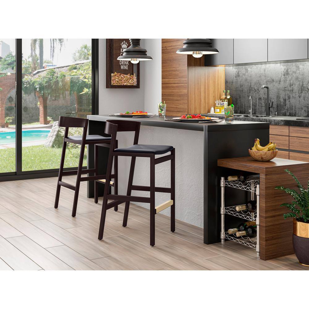 Manhattan Comfort Klismos 20" Black Leather Beech Wood Barstools - Set of 2