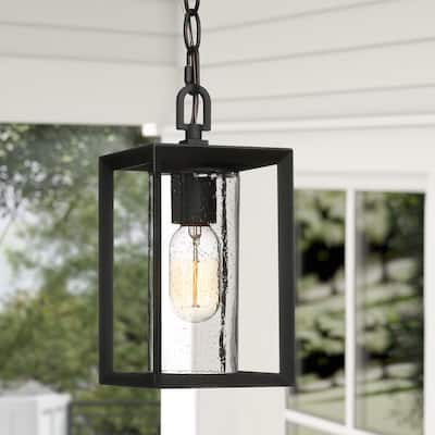 Modern Lantern Outdoor Hanging Light, Arie 1-Light Black Cage Outdoor Pendant Light with Seeded Glass Shade