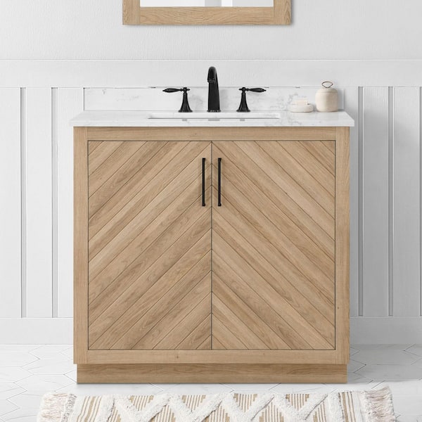 Huckleberry 36 in. Single Sink Weathered Tan Bath Vanity with White Engineered Marble Top (Assembled)