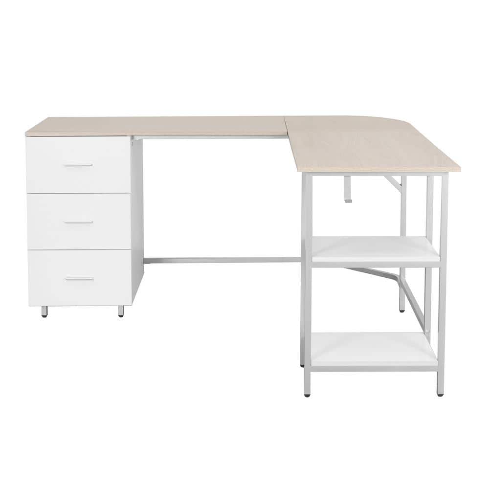 Sand Wood L-Shape Gaming Computer Desk with Drawer