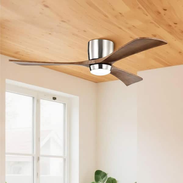 Stela 52 in. Brushed Nickel Walnut Flush Mount Standard Ceiling Fan with Dimmable LED with Remote Included DC Motor