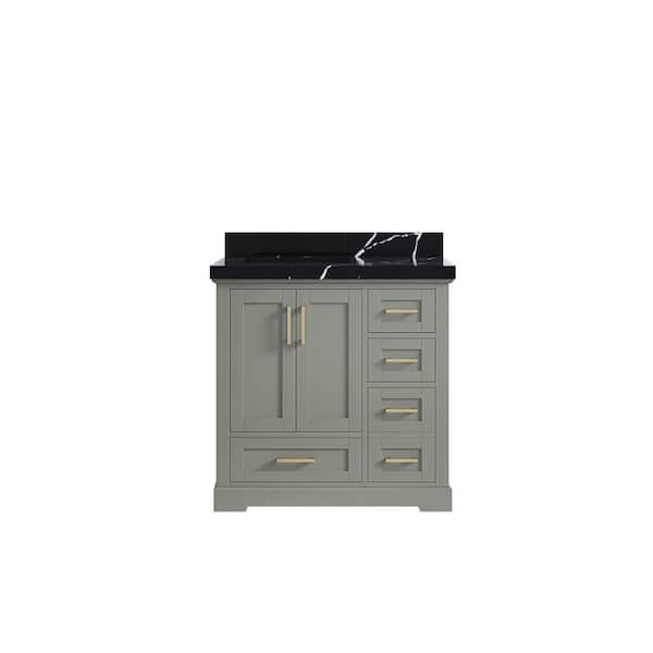 Willow Collections Boston 36 in. W x 22 in. D x 36 in. H Left Offset Single Sink Bath Vanity in Evergreen with 2 in. Calacatta Black qt Top
