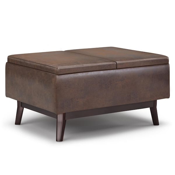 Simpli Home Owen Distressed Chestnut, Brown Ottoman With Storage And Tray