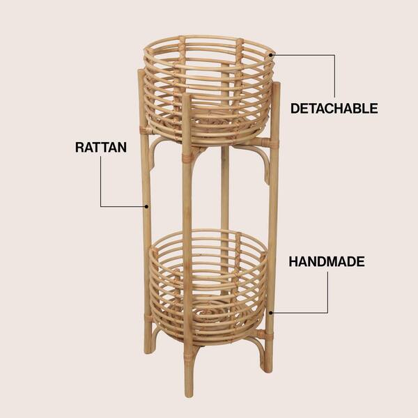 JONATHAN Y Zachariah 33.5" Bohemian Minimalist Handmade 2-Tier Rattan Indoor Planter Stand, Natural