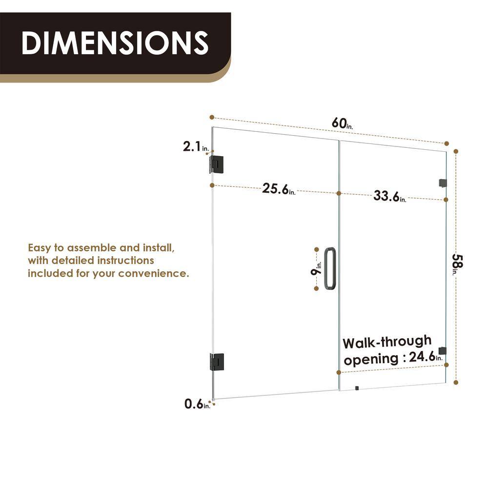 60" Matte Black Frameless Hinged Tub Door with Clear Glass