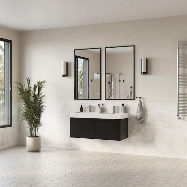 Mezzo 48 in. Modern Wall Hung Bath Vanity in Black with Double Vanity Top in White with White Basins