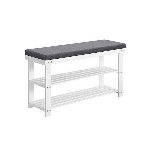 Benjara 35.1 in. Gray and White Backless Bedroom Bench with Cushioned Seat and 2 Slatted Shelves