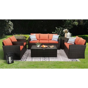 6-Piece Wicker Patio Conversation Set with Orange Cushions