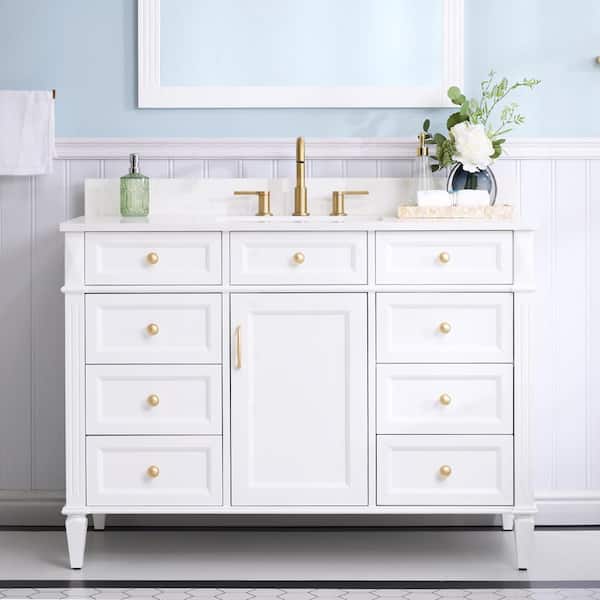 WELLFOR ELISA 48 in. W x 22 in. D x 35 in. H Single Sink Bath Vanity in White with Quartz Top