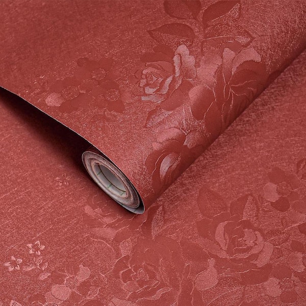 Dark Red Embossed Floral Textured Contact Paper Self-Adhesive Peel and Stick Wallpaper Roll