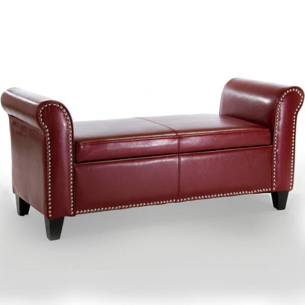 Noble House Hemmingway Oxblood Red Bonded Leather Armed Storage Bench with Studs