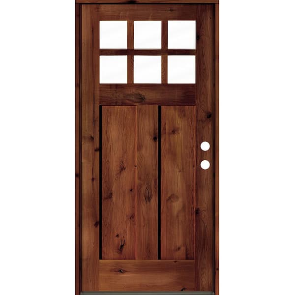Krosswood Doors 32 in. x 80 in. Craftsman Knotty Alder Left-Hand/Inswing 6 Lite Clear Glass Red Chestnut Stain Wood Prehung Front Door
