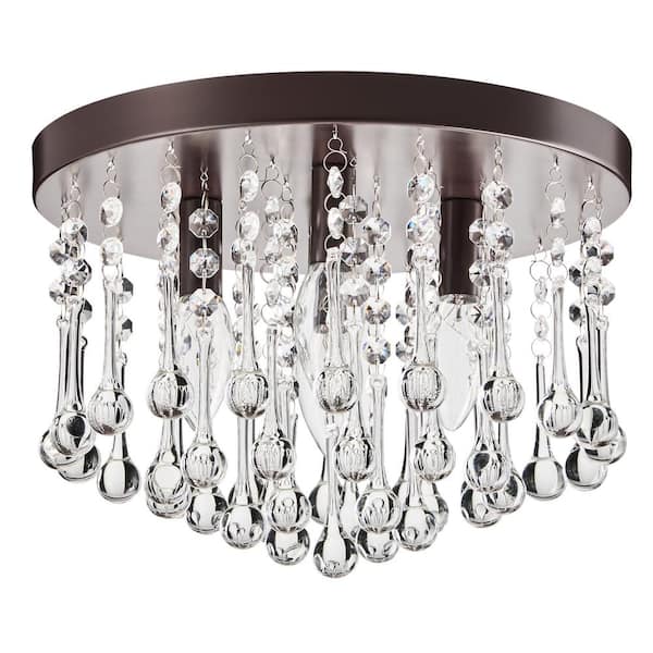 4-Light 11.8 in. Crystal Chandelier Drum Flush Mount Light Fixture, Brown