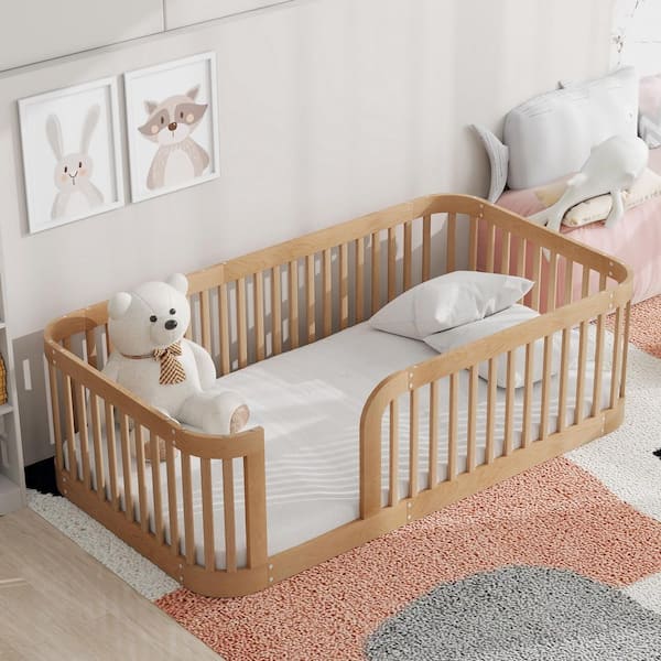 Natural Yellow Wood Frame Twin Size Wood Floor Platform Bed with Fence