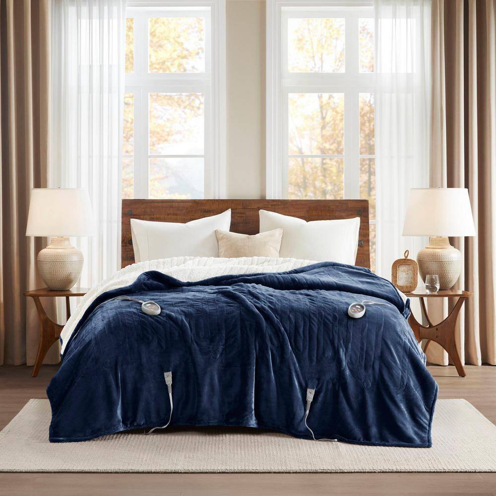 Indigo Twin Reversible Sherpa Knitted Heated Blanket