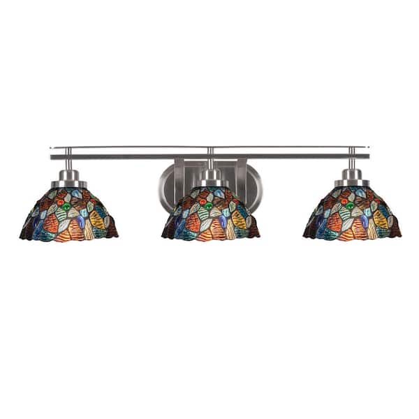 Unbranded Monroe 29.75 in. 3-Light Brushed Nickel Vanity Light 7 in. Blue Mosaic Art Glass Shade No Bulbs Included
