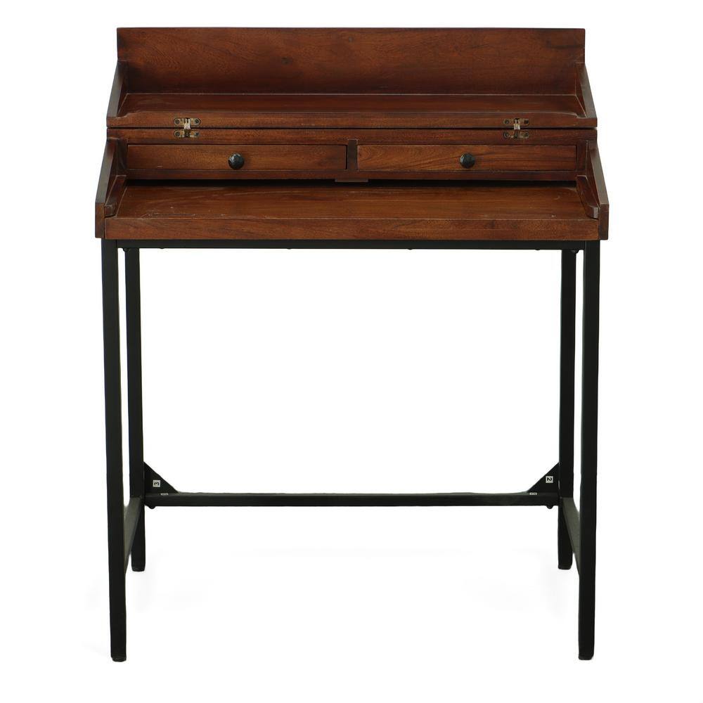 Chestnut Mango Wood Writing Desk with Black Iron Frame and Drawers