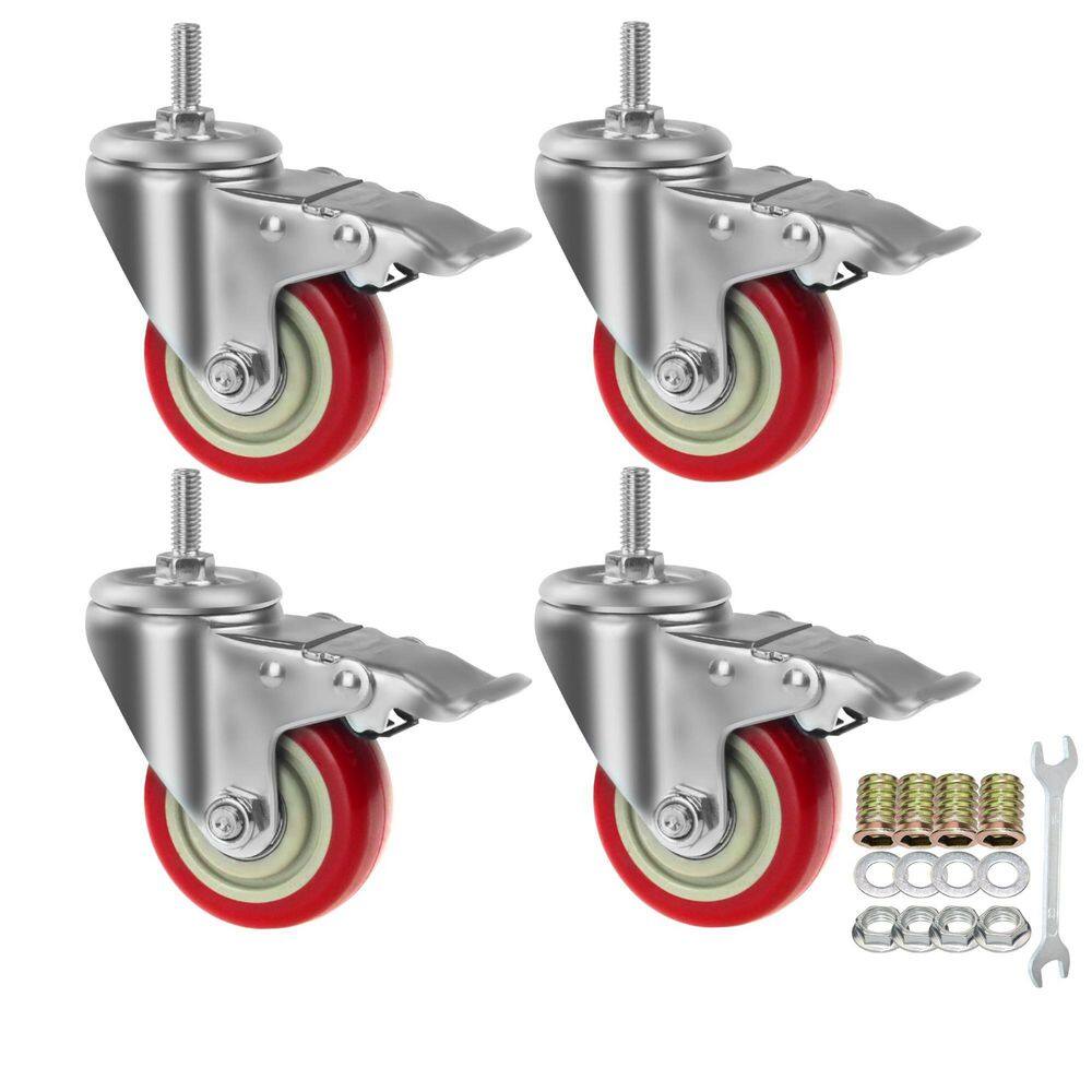 Pack of 4 Red Swivel Stem Casters Heavy Duty Double Locking PU Wheels Quiet Non-Marking 360 Degree Safe to Floor price history on PriceWatchPro
