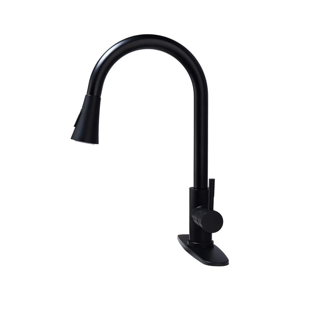 Single-Handle Gooseneck Kitchen Sink Faucet with Pull Down Sprayer in Matte Black Deck Mounted -  Mondawe, MO242DT-MB