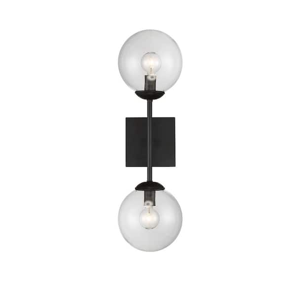 Savoy House Meridian 6 in. W x 20 in. H 2-Light Black Wall Sconce with Clear Glass Orb Shades