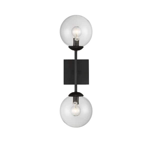 TUXEDO PARK LIGHTING 6 in. W x 20 in. H 2-Light Black Wall Sconce with Clear Glass Orb Shades