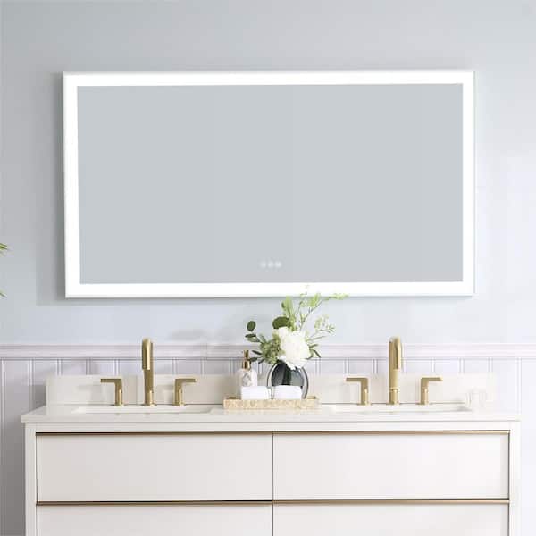 ANGELES HOME 55 in. W x 30 in. H Large Rectangular Framed Wall Mount LED Bathroom Vanity Mirror Light in White,Anti-Fog,Plug,Dimmable