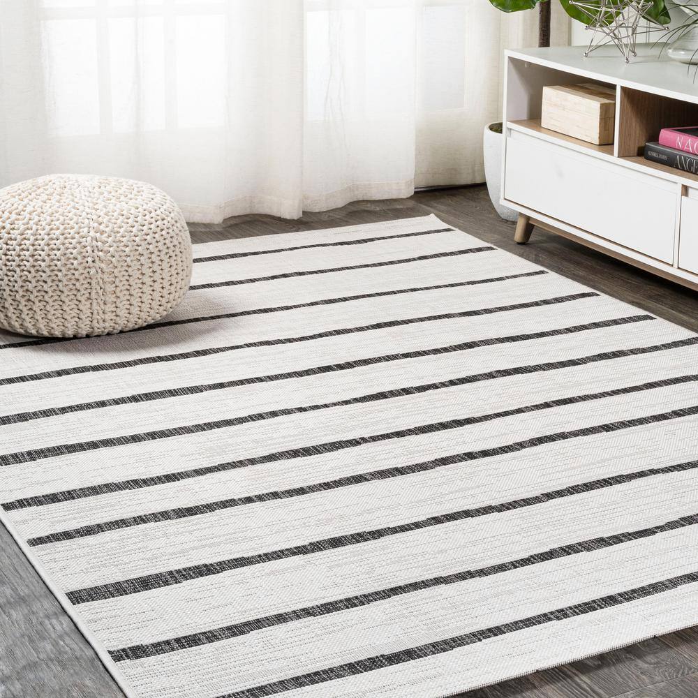 Ivory and Black Striped Synthetic Indoor/Outdoor Rug