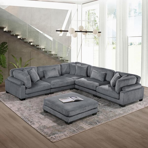 Turbo 135 in. Pillow Top Arm 6-Piece Corduroy Fabric Modular Sectional Sofa in Gray with Ottoman