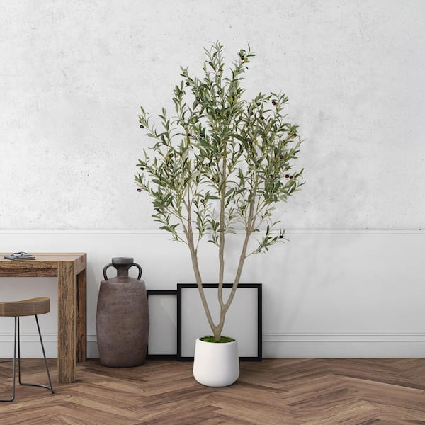 6 ft. Artificial Olive Tree in White Pot Tall Faux Olive Tree Artificial Plants with Natural Wood Trunk for Indoor Decor