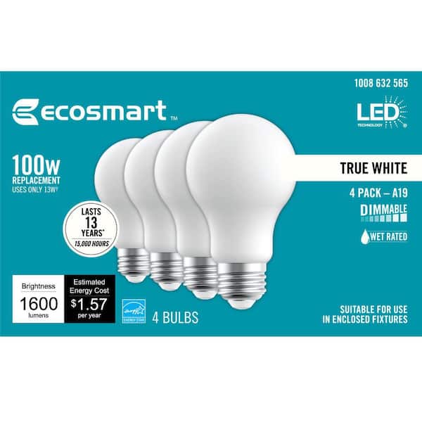100-Watt Equivalent A19 Frosted Glass Energy Star Dimmable E26 Base LED Light Bulb True White (4-Pack)