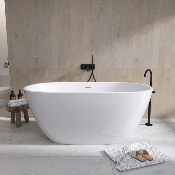 55 in. x 29.5 in. Acrylic Free Standing Soaking Flat Bottom Bath Tub Freestanding Bathtub with Center Drain in White