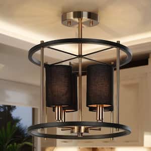 Modern Drum Semi-Flush Mount Light 4-Light Black and Brass Round Ceiling Light with Black Fabric Shades