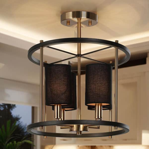 Uolfin Modern Drum Semi-Flush Mount Light 4-Light Black and Brass Round Ceiling Light with Black Fabric Shades
