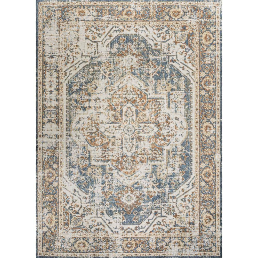 Blue and Cream Medallion Washable Synthetic Area Rug