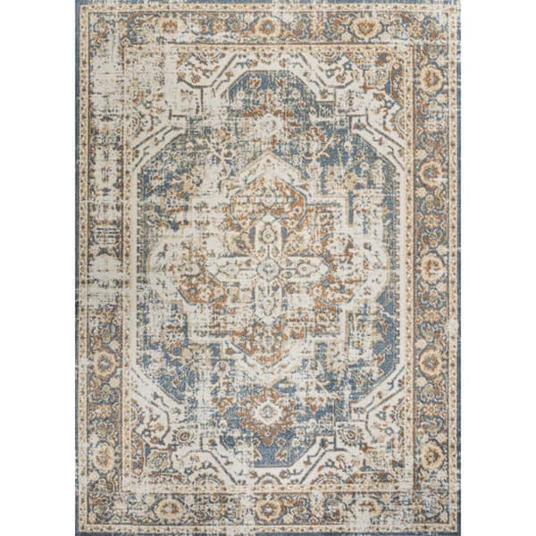 Keesha Blue/Cream 4 ft. x 6 ft. Bold Distressed Medallion Low-Pile Machine-Washable Area Rug