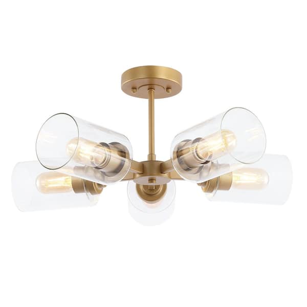 Jaynie 21.5 in. 5-Light Brass Gold Farmhouse Industrial Iron Cylinder LED Semi Flush Mount