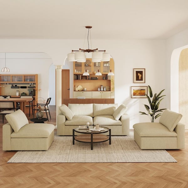 Tuxedo Couches for Living Room, Loveseat and Sofa 4-Pieces Khaki Linen Convertible Living Room Set with Washable Covers