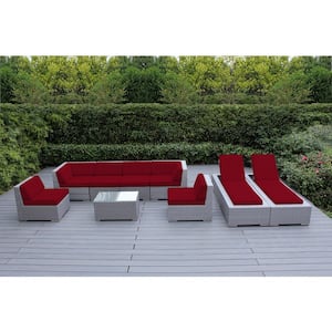 Gray 9-Piece Wicker Patio Combo Conversation Set with Supercrylic Red Cushions