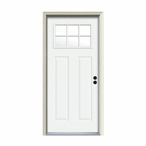 JELD-WEN 34 in. x 80 in. 6 Lite Craftsman White Painted Steel Prehung Left-Hand Inswing Front Door w/Brickmould
