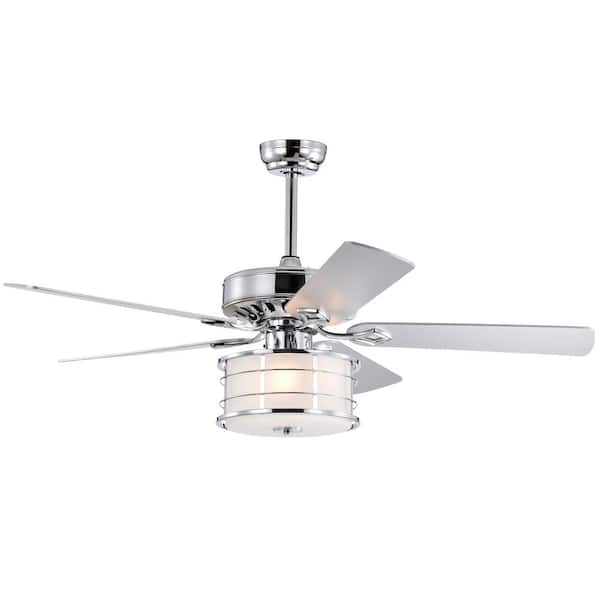 HKMGT 52 in. Indoor Chrome Ceiling Fan with Drum Lampshade, 2-Color-Option Blades and Remote Included