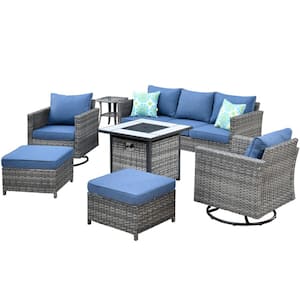 New Vultros Gray 7-Piece Wicker Patio Fire Pit Conversation Seating Set with Blue Cushions Swivel Rocking Chairs